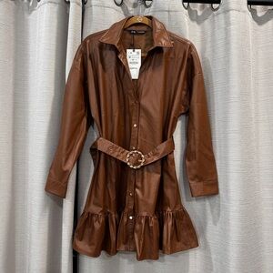 NWT Zara Faux Leather Brown Dress With Belt Size Medium
